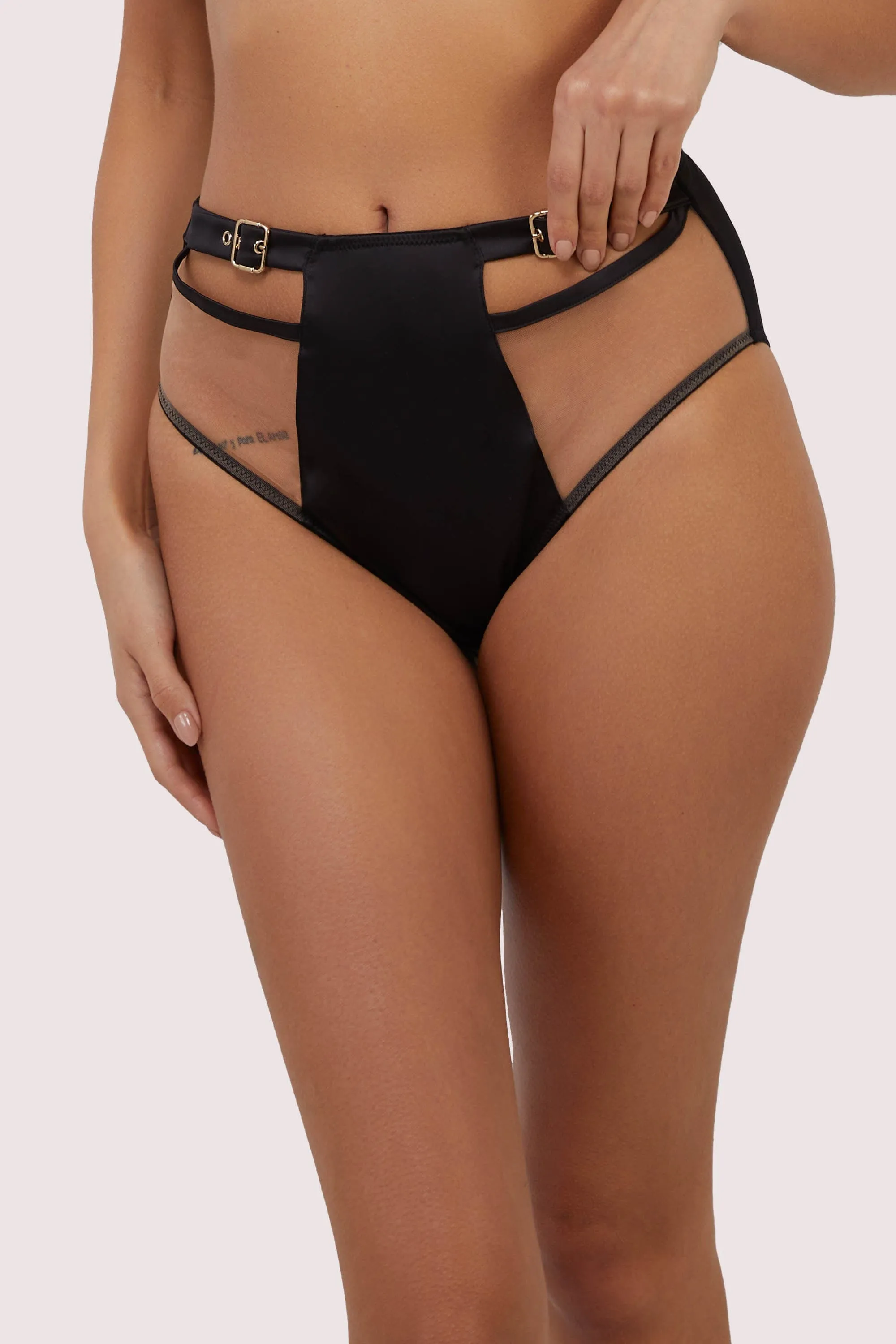 Alessia Black Satin and Illusion Mesh Buckled Set