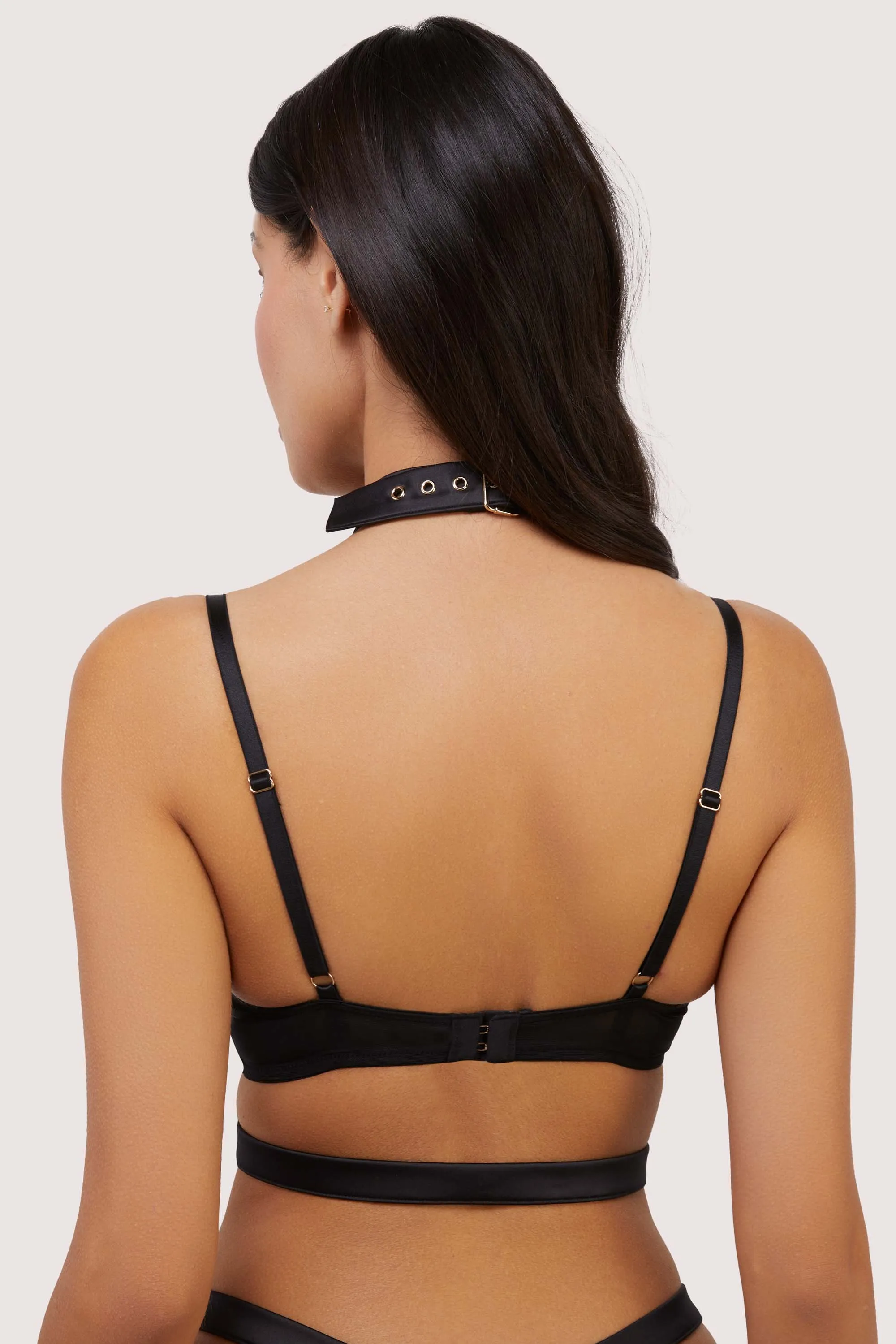 Alessia Black Satin and Illusion Mesh Buckled Set