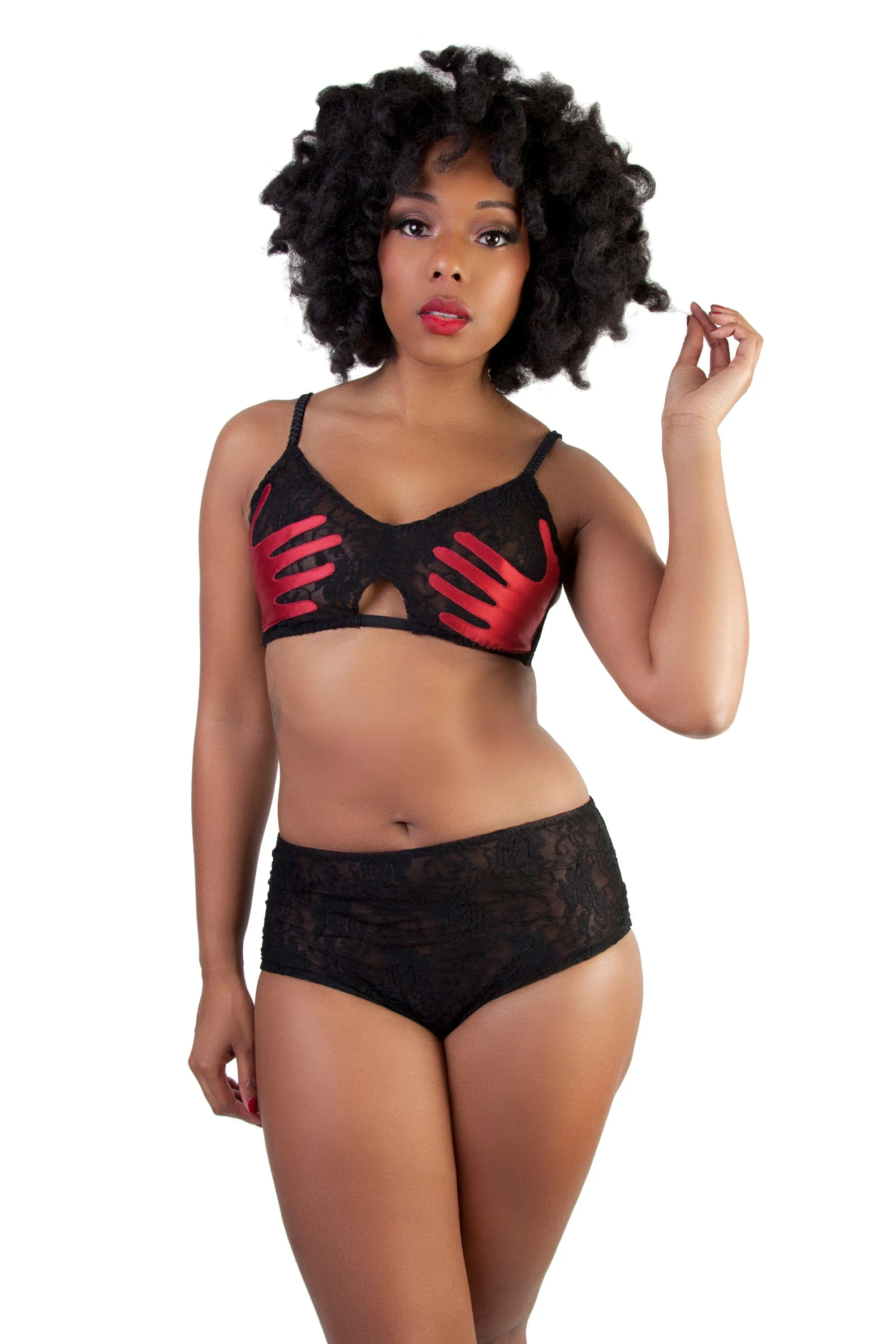 Bettie Page Red Hand Print Lace Bra
