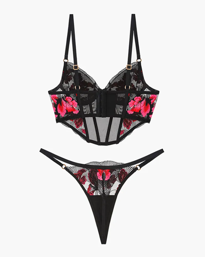 Embroidered Corset Bra and Thong 2 Sets
