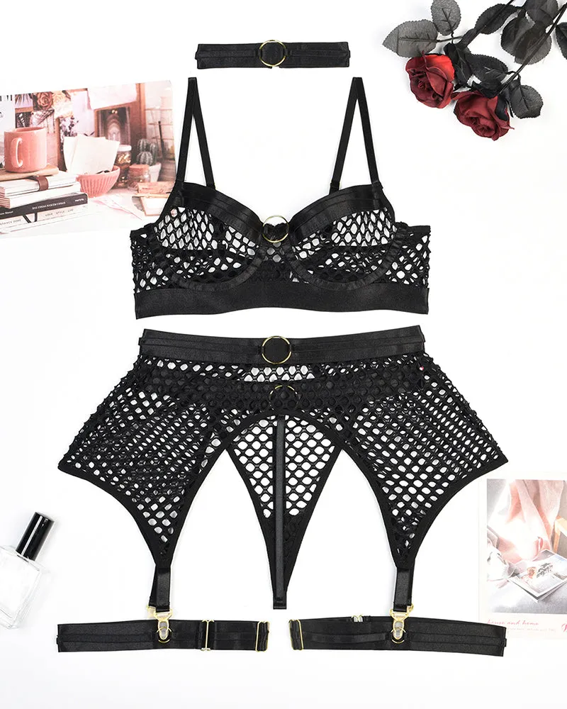 Fishnet Mesh Bra & Panty with Garter Belt
