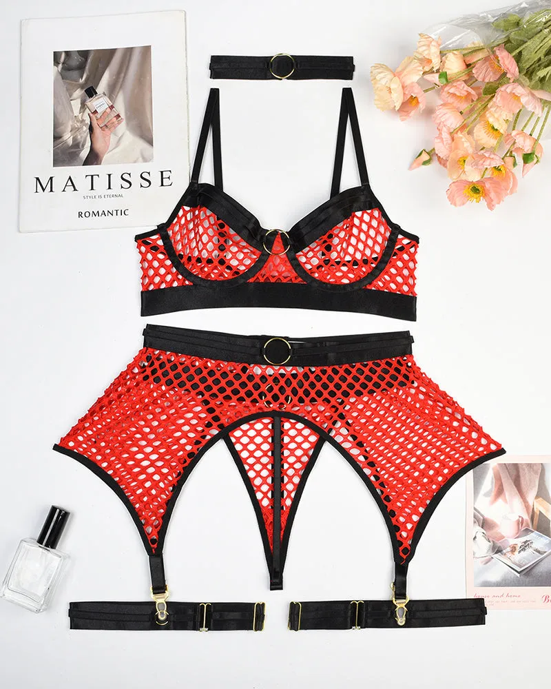 Fishnet Mesh Bra & Panty with Garter Belt