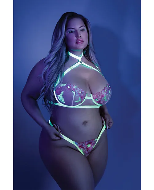 Glow Black Light Embroidered Harness Bra. Leg Garterbelt & G-String Neon Chartreuse QN