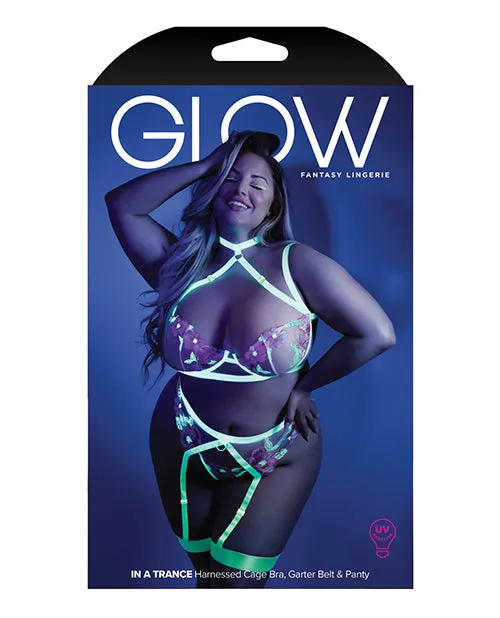 Glow Black Light Embroidered Harness Bra. Leg Garterbelt & G-String Neon Chartreuse QN