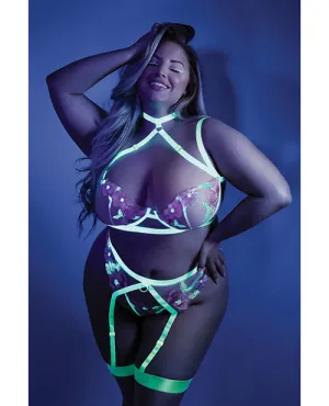 Glow Black Light Embroidered Harness Bra. Leg Garterbelt & G-String Neon Chartreuse QN