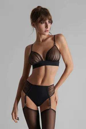 High-waisted openable thong with suspenders - Nuit Fauve