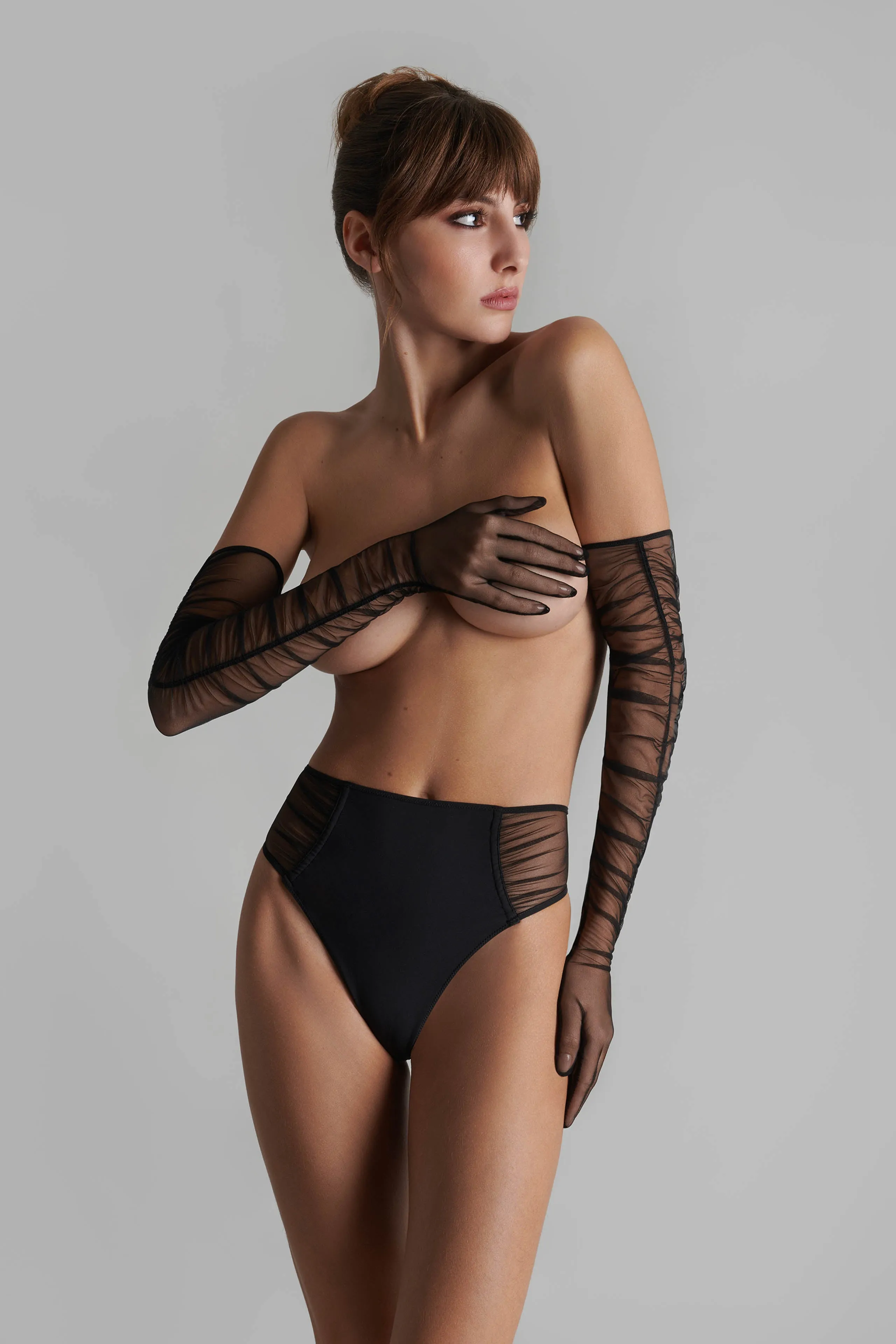 High-waisted openable thong with suspenders - Nuit Fauve