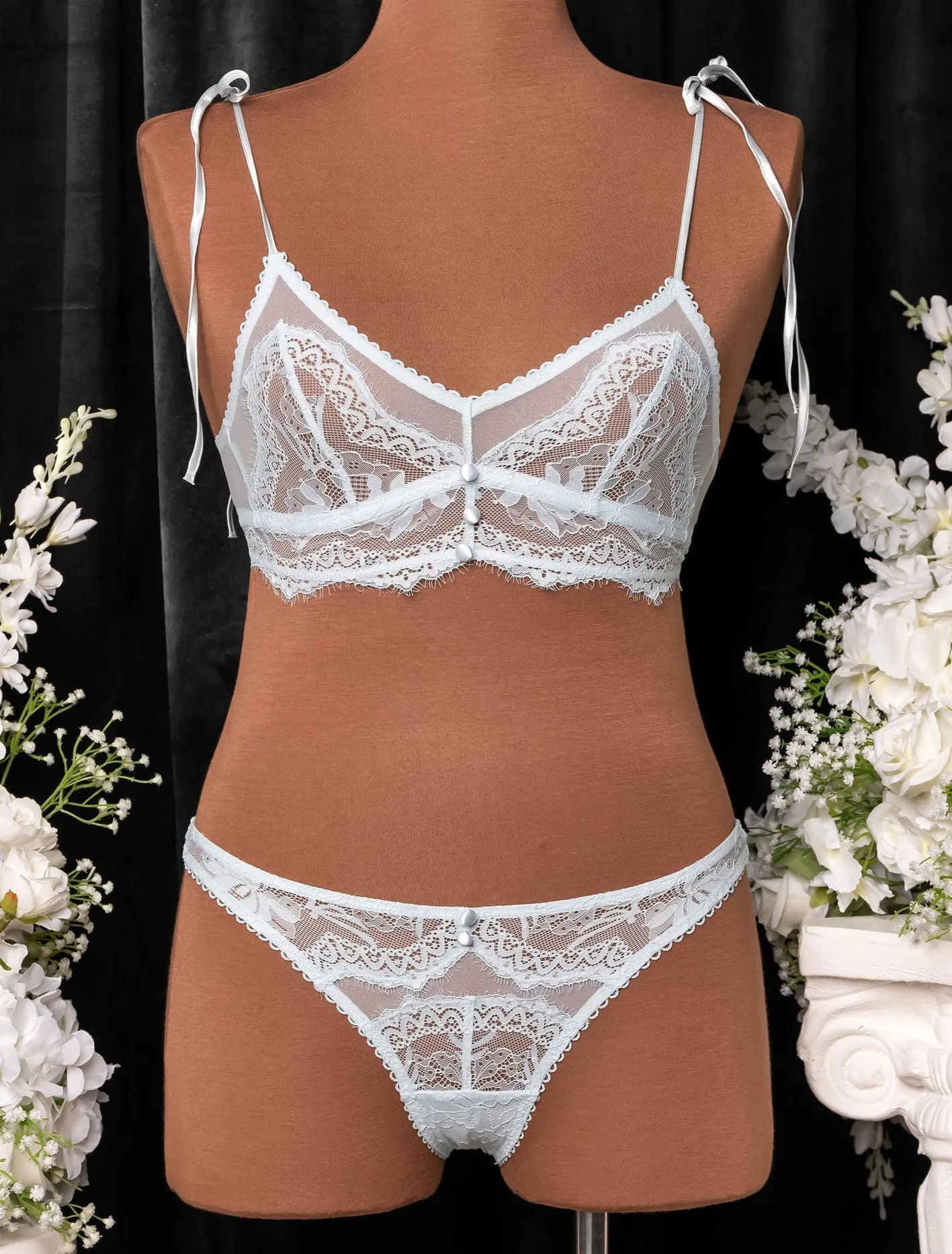 Lace & Mesh Button Bralette - Something Blue