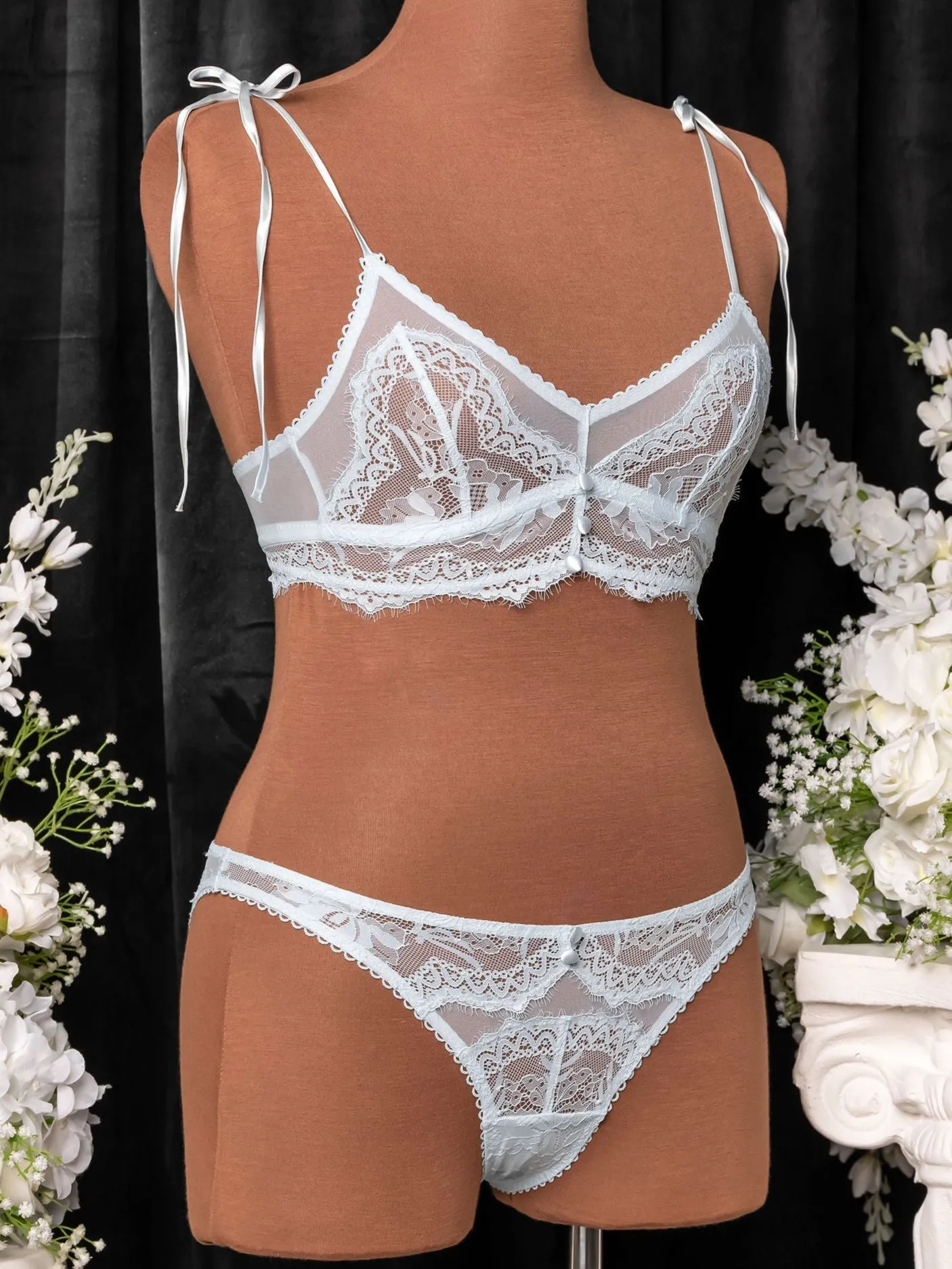 Lace & Mesh Button Bralette - Something Blue