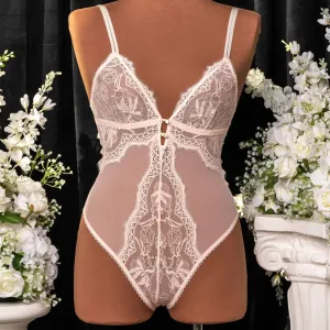 Lace & Mesh Button Teddy - Champagne