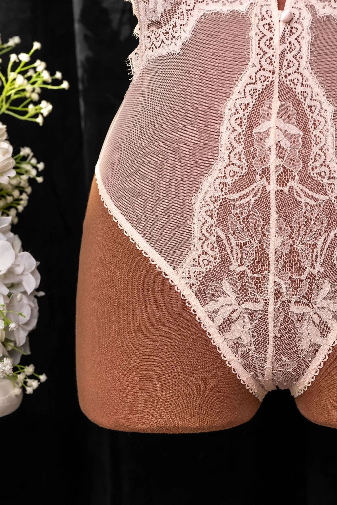 Lace & Mesh Button Teddy - Champagne