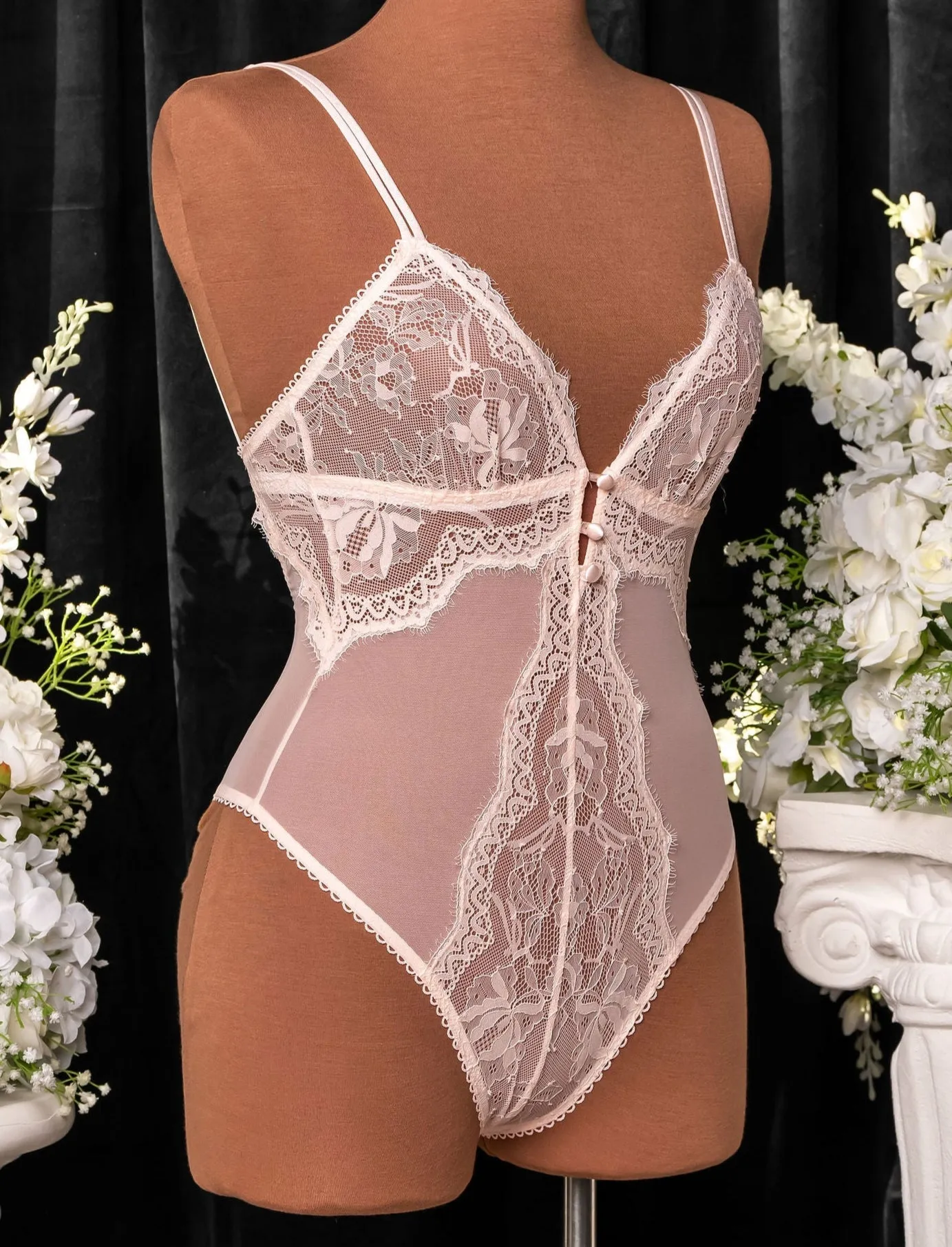 Lace & Mesh Button Teddy - Champagne
