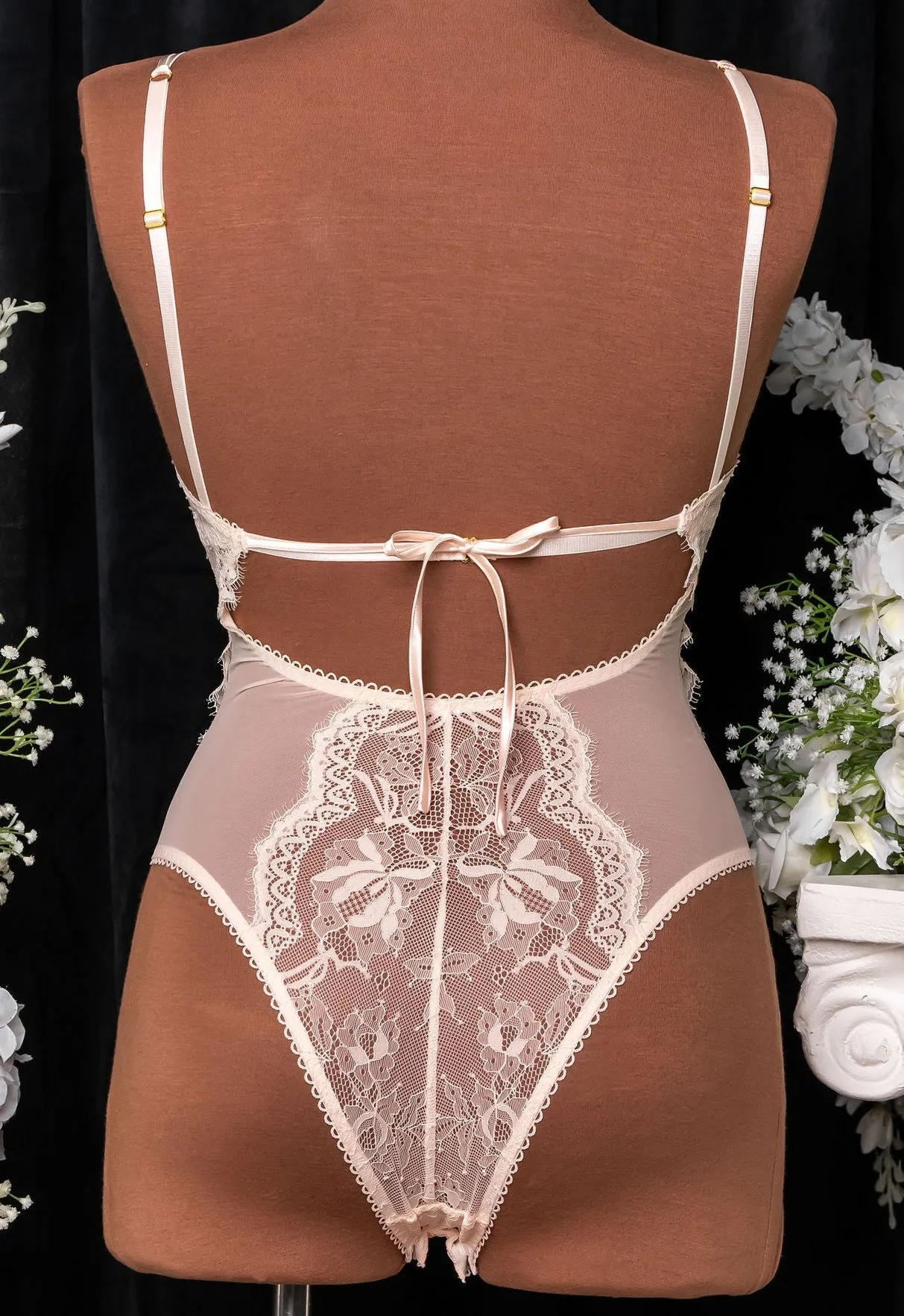 Lace & Mesh Button Teddy - Champagne