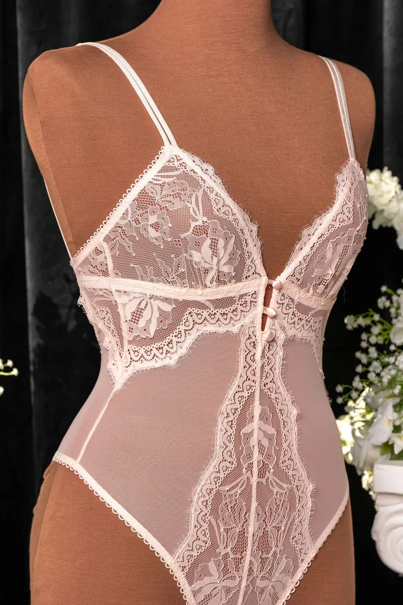 Lace & Mesh Button Teddy - Champagne