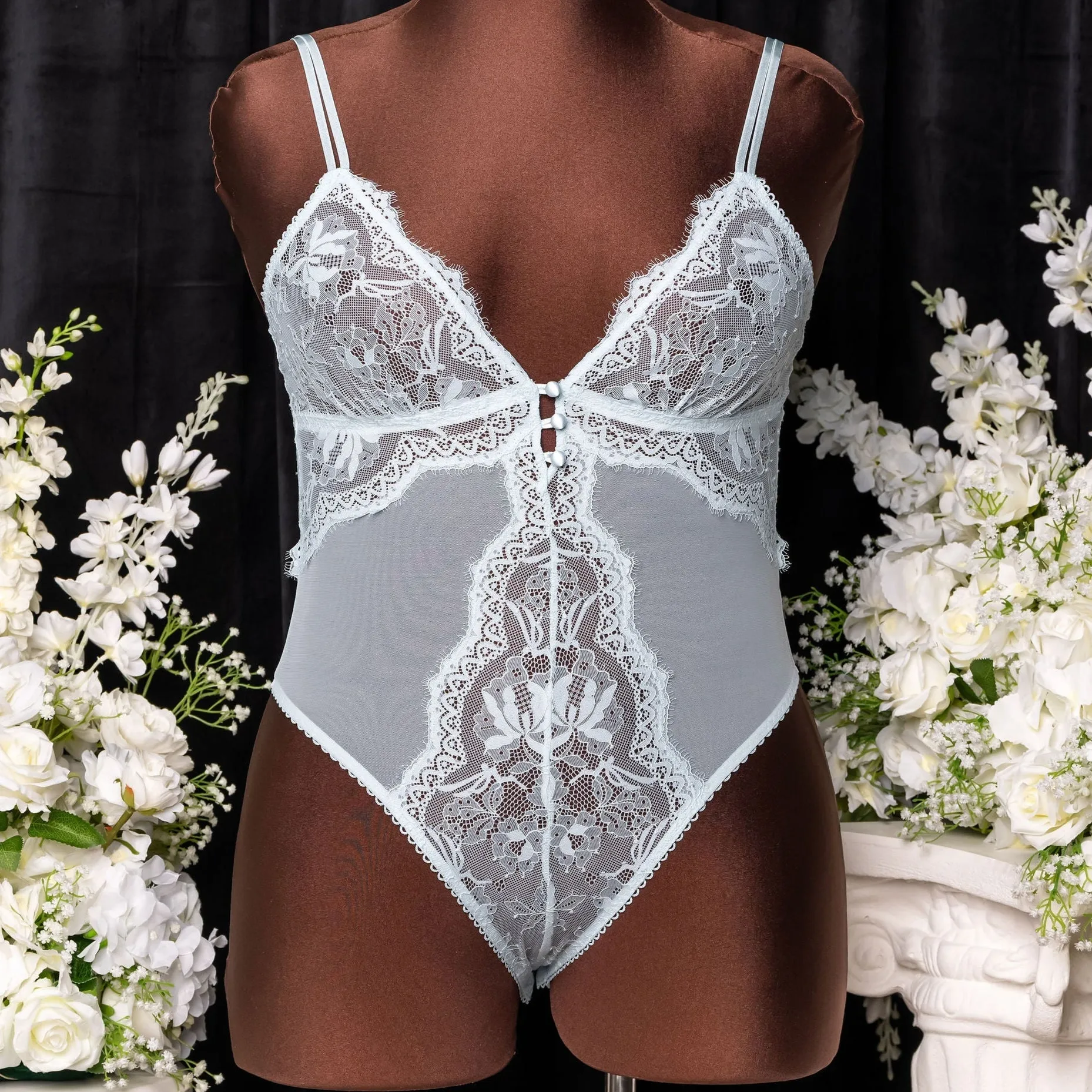 Lace & Mesh Button Teddy - Something Blue