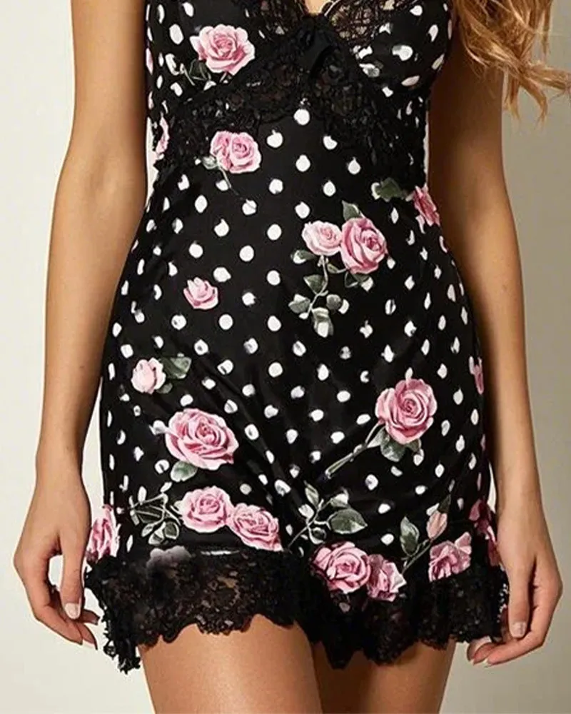 Lace Floral Black Dots Sleep Dress