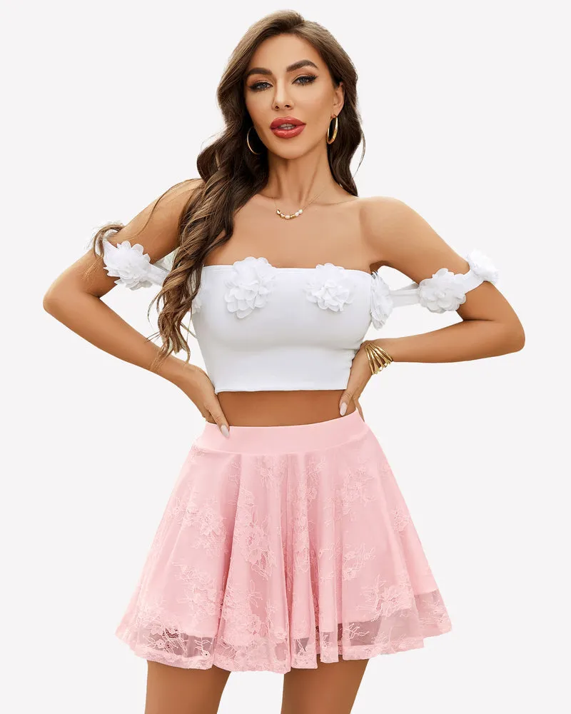 Lace Pleated Ruffles Skater Skirt