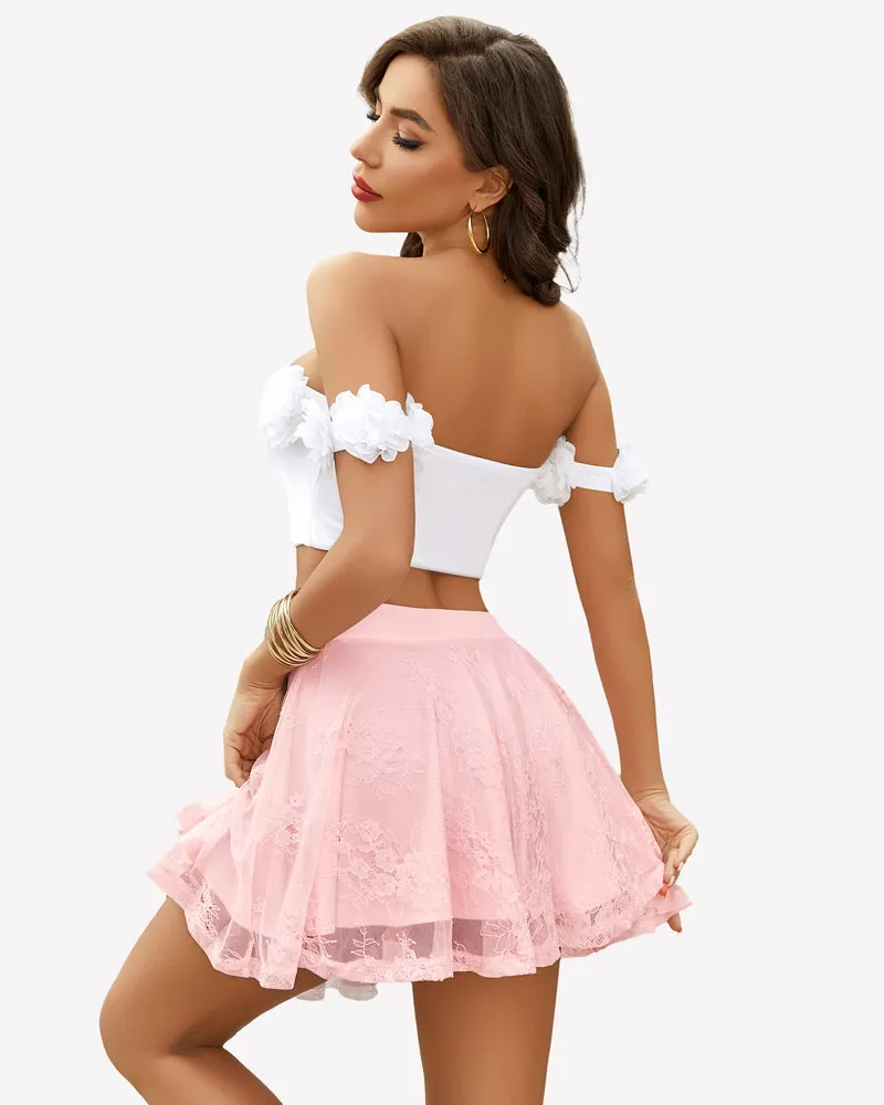 Lace Pleated Ruffles Skater Skirt