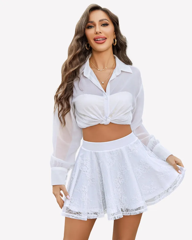 Lace Pleated Ruffles Skater Skirt
