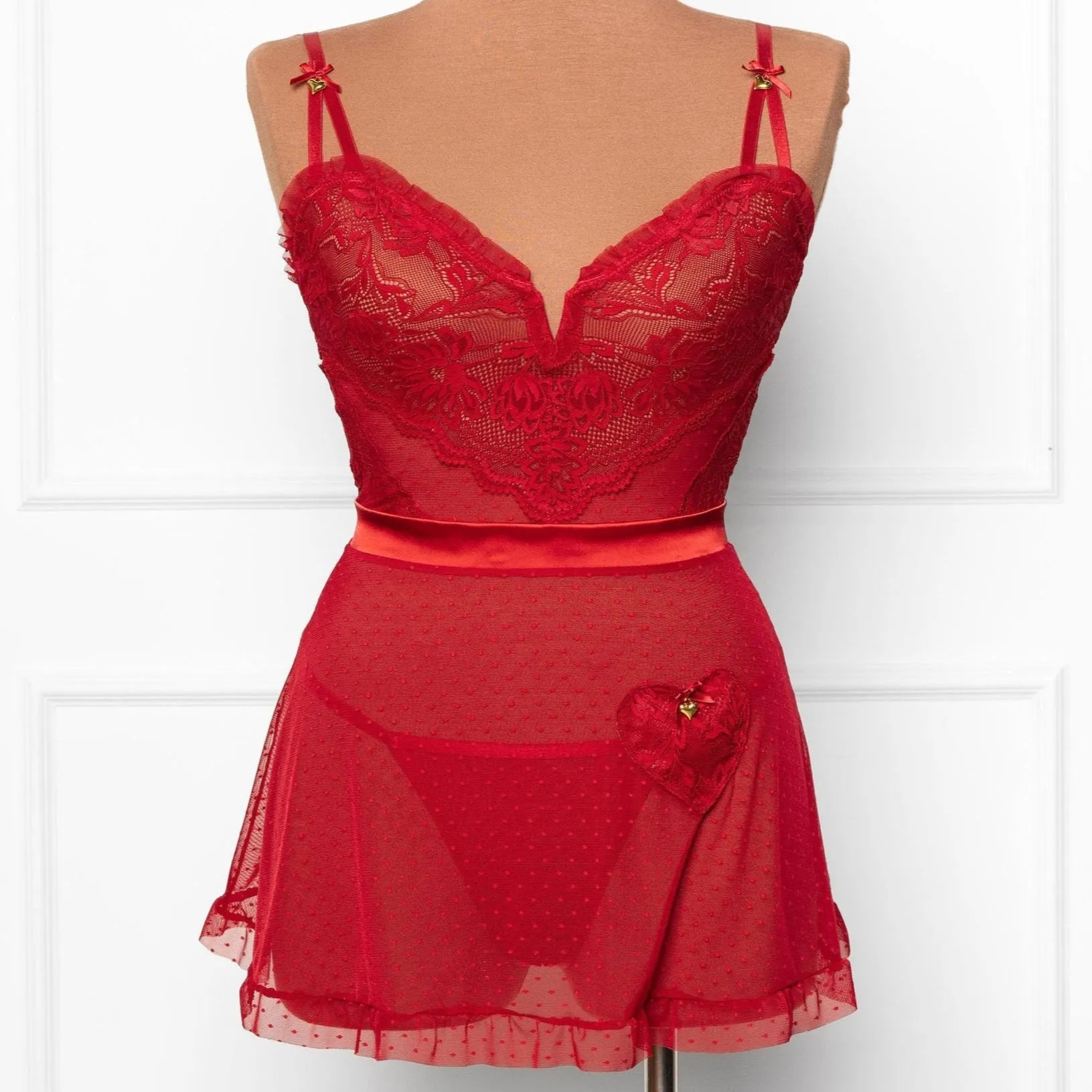 Lacy Ruffle Drop Waist Babydoll - Red