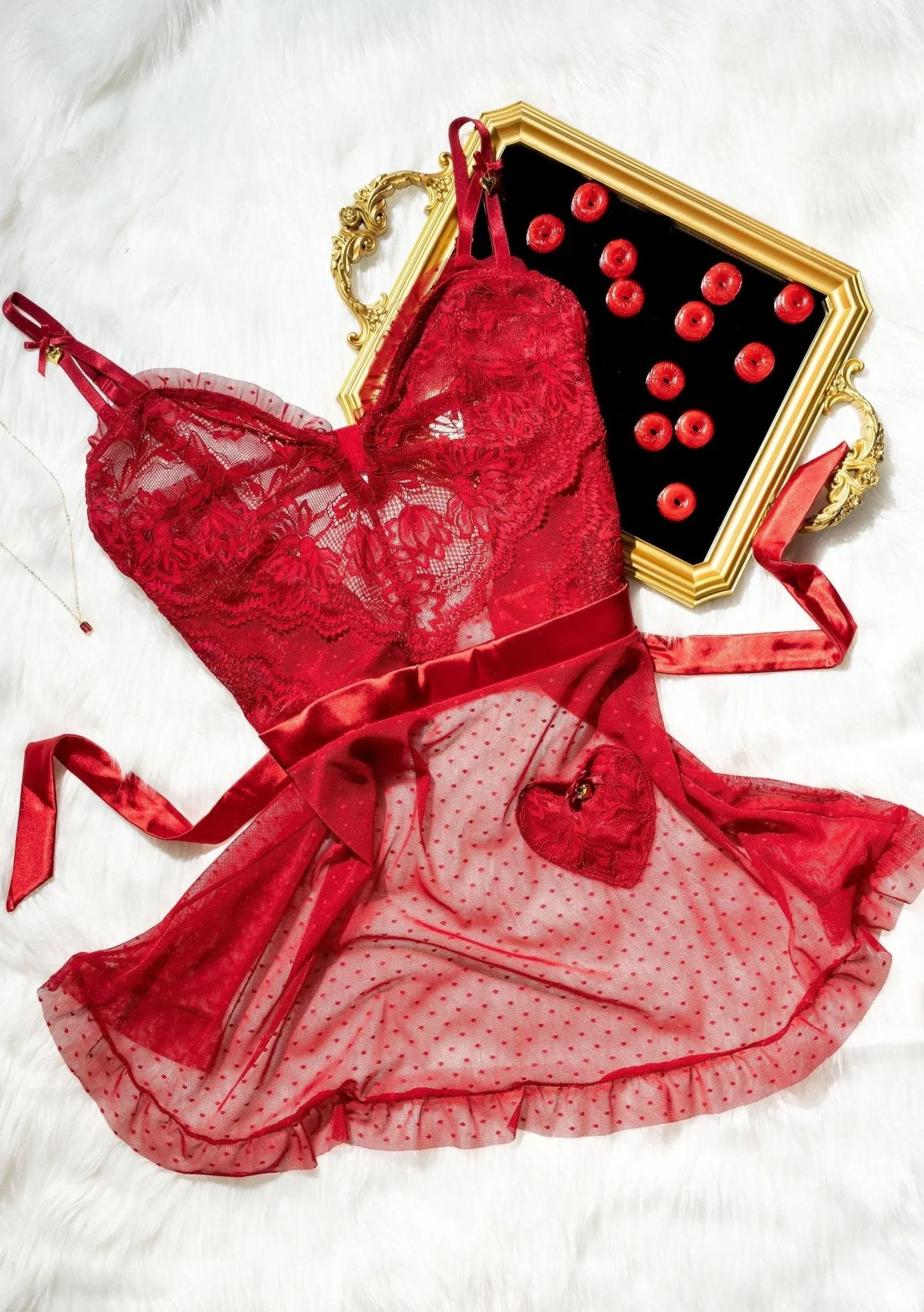 Lacy Ruffle Drop Waist Babydoll - Red