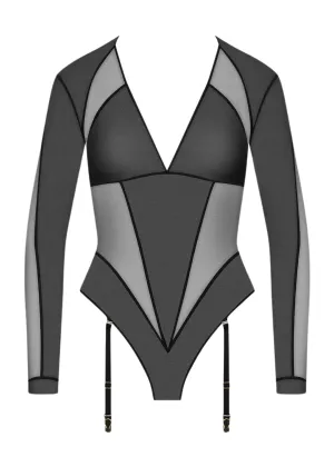 L'Amoureuse Long Sleeves Thong Body with Suspenders (Black)
