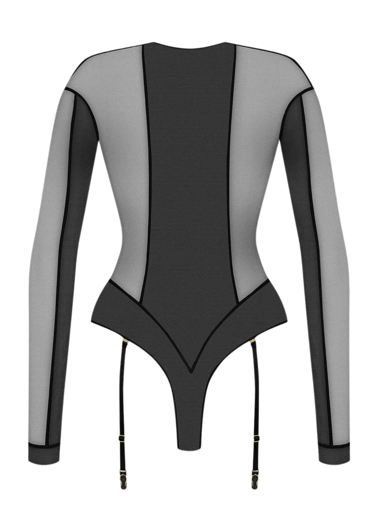 L'Amoureuse Long Sleeves Thong Body with Suspenders (Black)