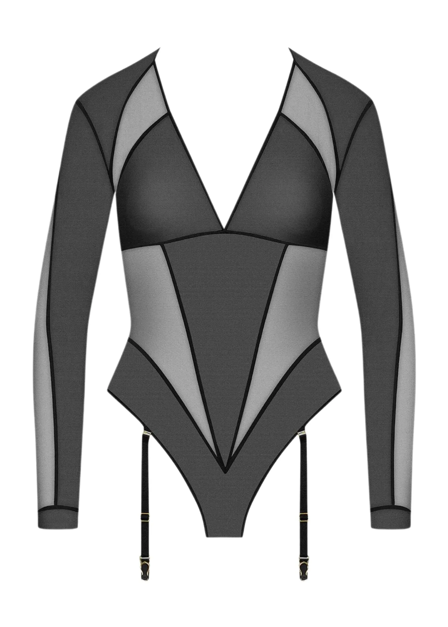 L'Amoureuse Long Sleeves Thong Body with Suspenders (Black)