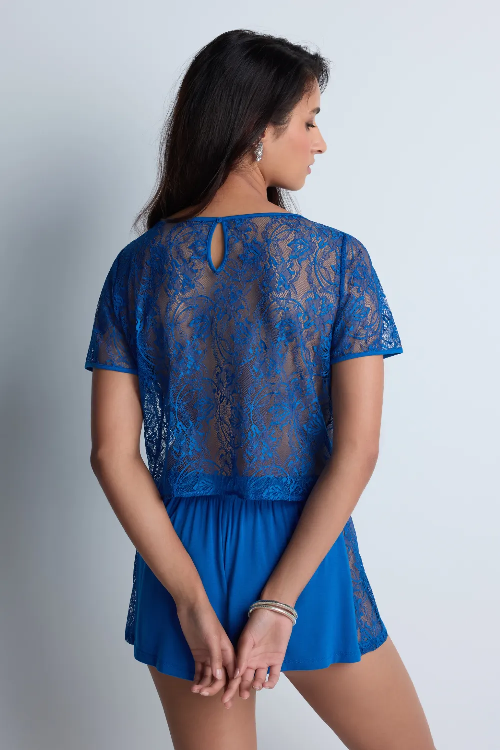 Lazy Days Short Sleeve Lace Top in Blue