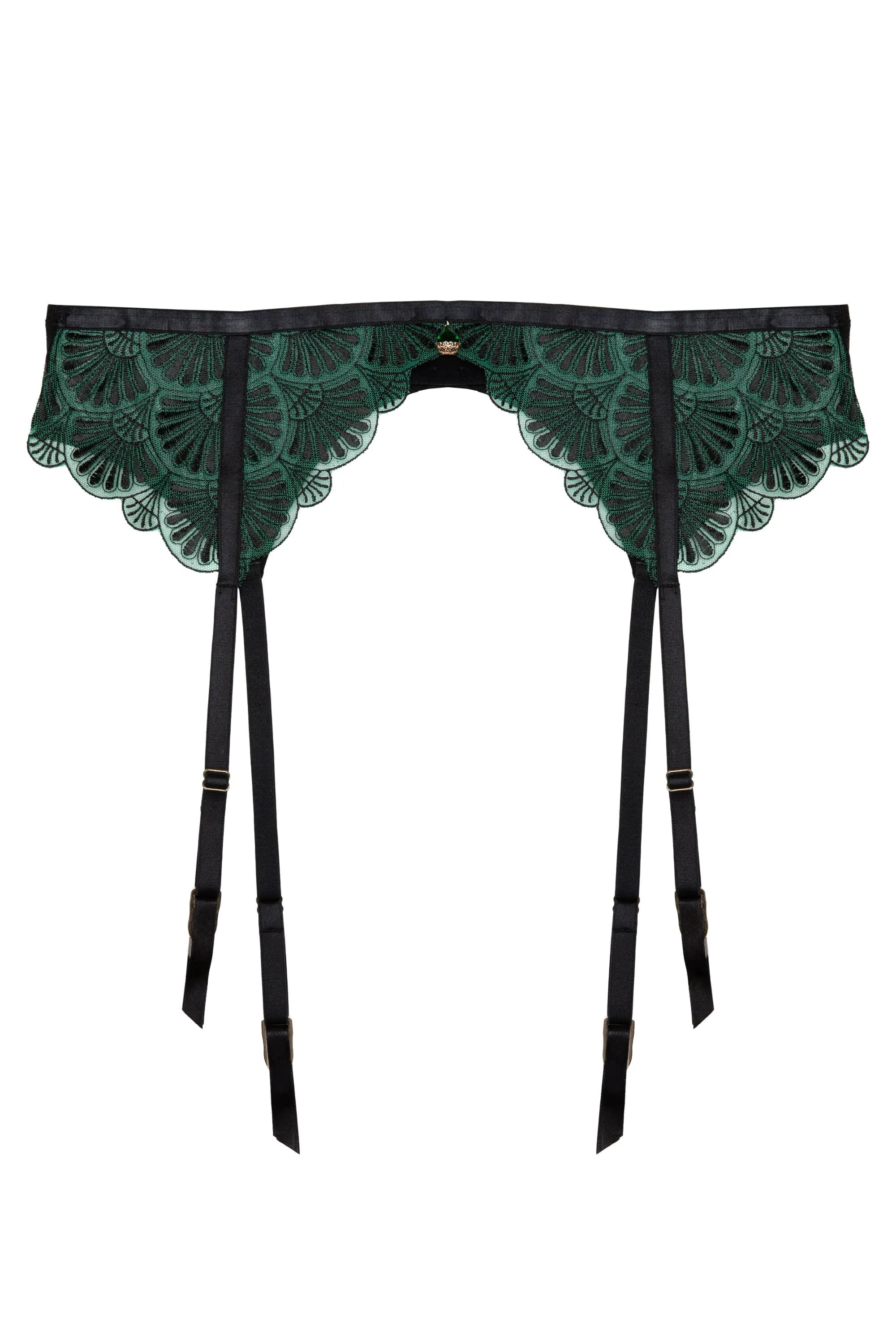 Mia Black And Jade Deco Embroidery Suspender Belt