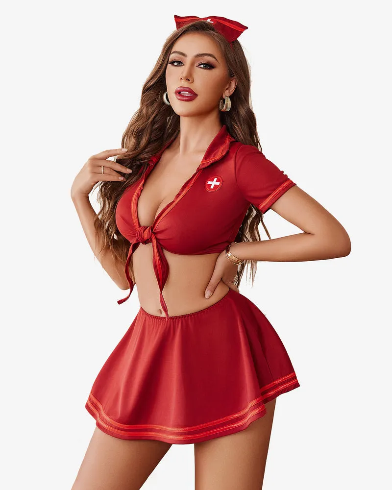 Nurse Cosplay with Tie Top and Mini Pleated Skirt Set