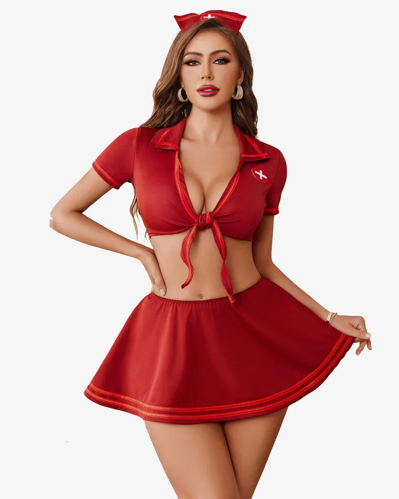 Nurse Cosplay with Tie Top and Mini Pleated Skirt Set