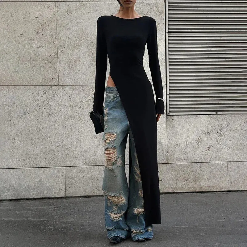 #PB Asymmetrical Long Sleeve Black Top