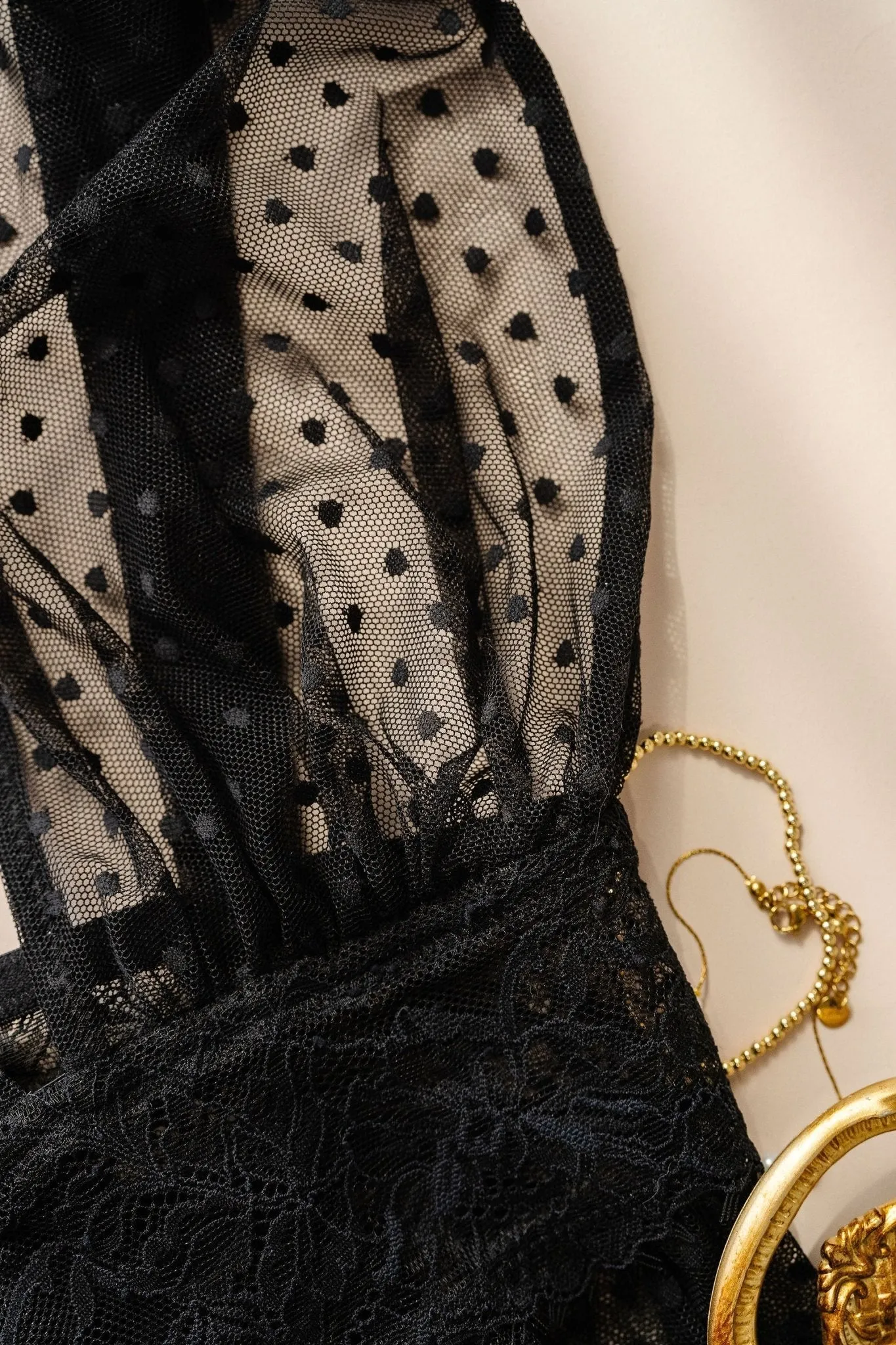 Polka Dot Mesh Babydoll - Black