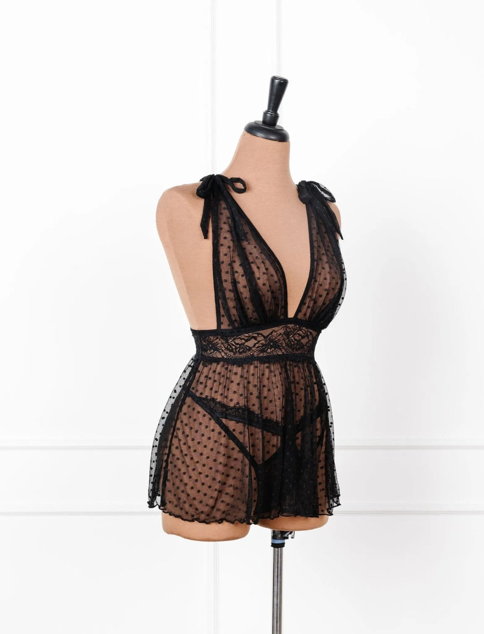 Polka Dot Mesh Babydoll - Black