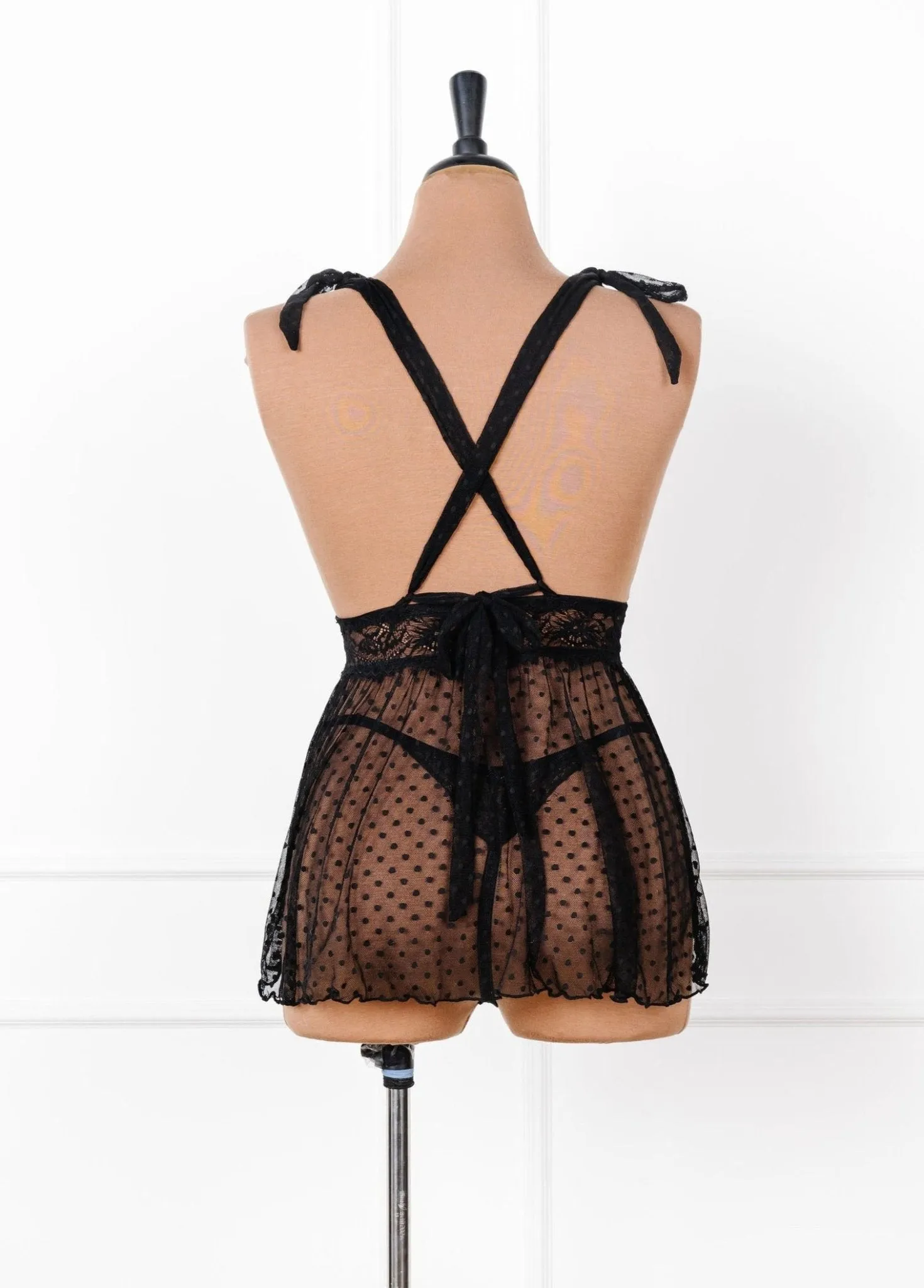 Polka Dot Mesh Babydoll - Black