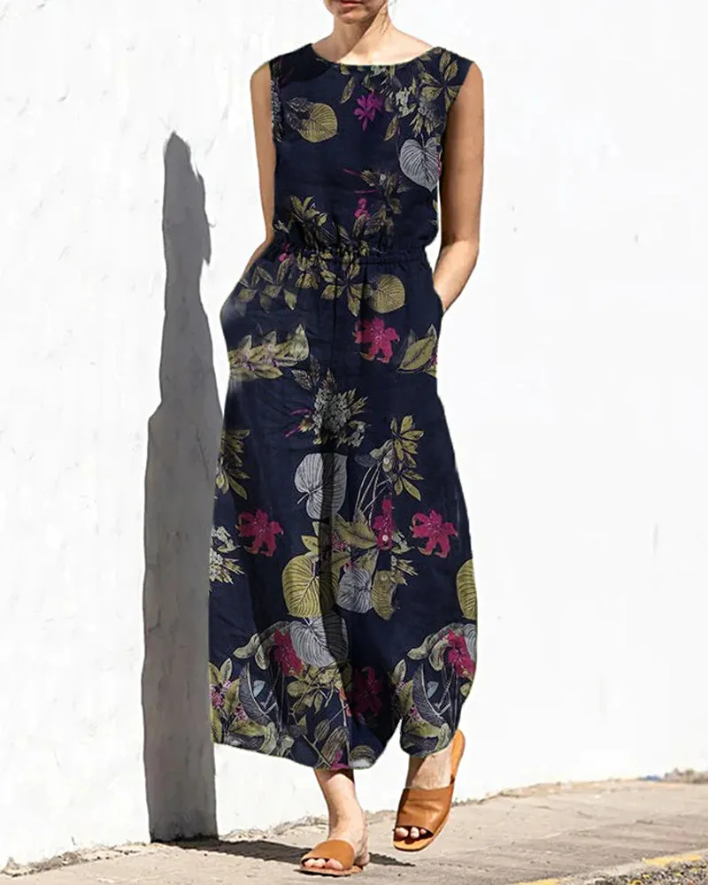 Printed Wide Leg Long Jumpsuit