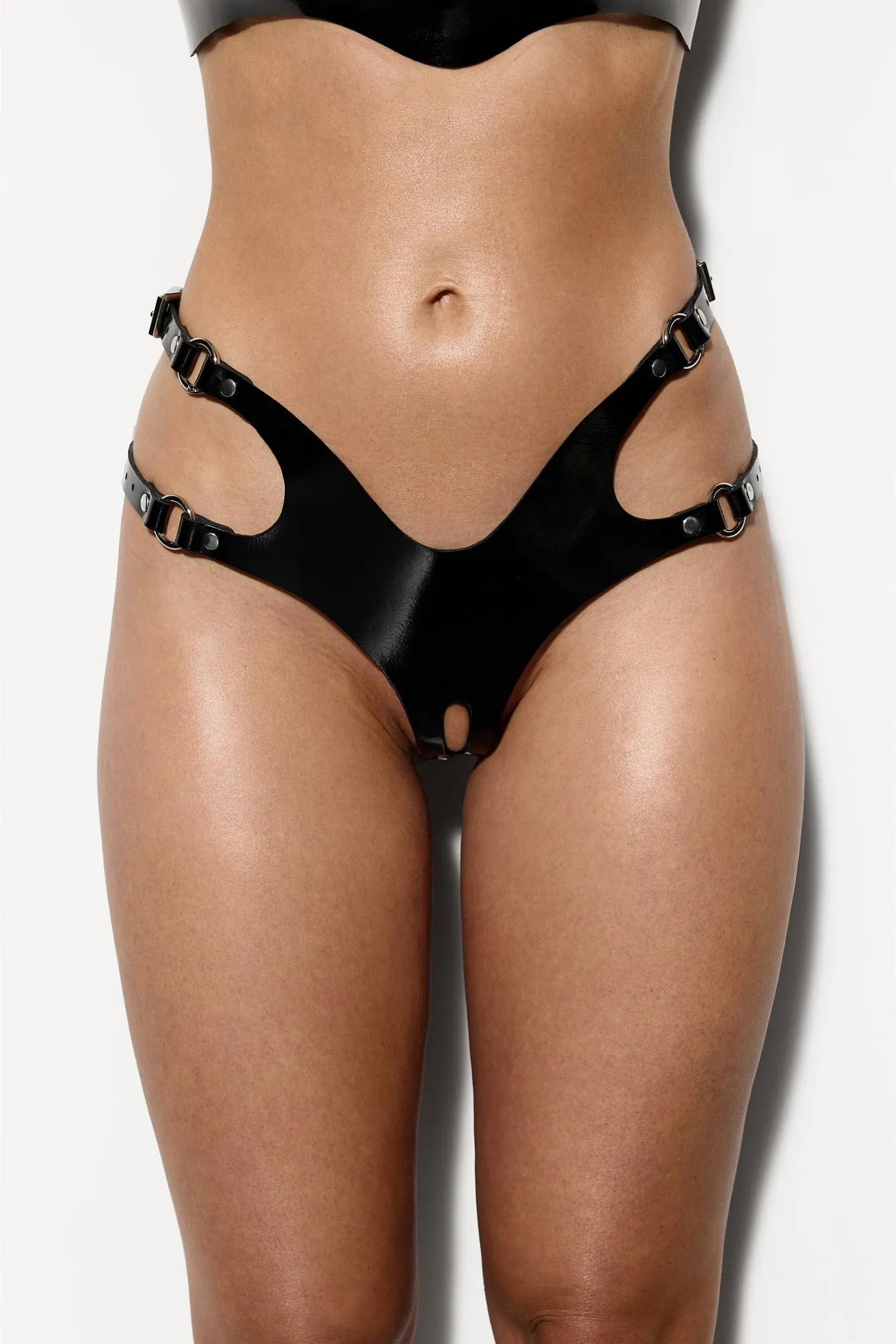 Sakura Lacquer Leather Crotchless Panties in Black
