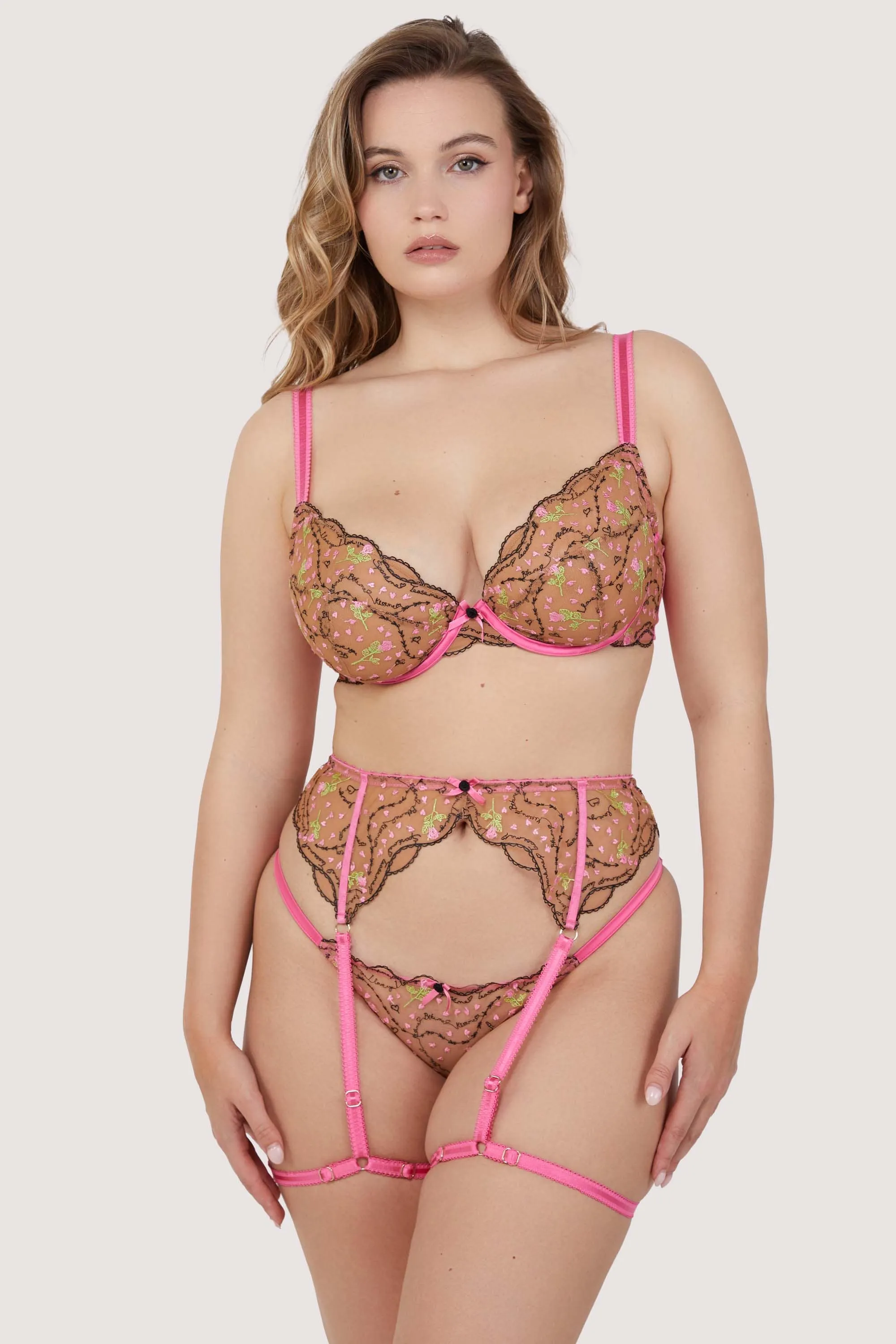 Spank Me Pink and Nude Custom Embroidery Suspender Belt