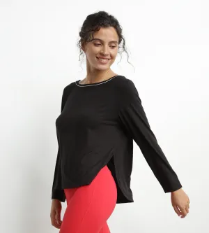 Women's sports top with boat neck in black viscose Dim Move